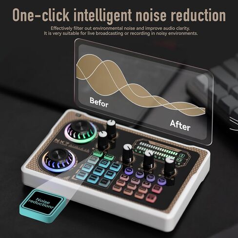 مجموعة ميكروفون بطاقة الصوت لوحدة التحكم المختلطة من HICALL NX7 مع 8 أوضاع للبث، و9 تأثيرات صوتية، وتقليل الضوضاء الذكي، وعمر بطارية طويل - متوافق مع الهواتف والأجهزة اللوحية وأجهزة الكمبيوتر الشخصية in Saudi Arabia