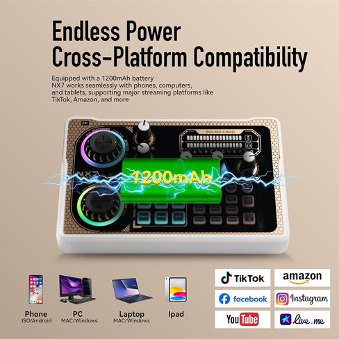 مجموعة ميكروفون بطاقة الصوت لوحدة التحكم المختلطة من HICALL NX7 مع 8 أوضاع للبث، و9 تأثيرات صوتية، وتقليل الضوضاء الذكي، وعمر بطارية طويل - متوافق مع الهواتف والأجهزة اللوحية وأجهزة الكمبيوتر الشخصية in Saudi Arabia