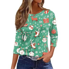 Women Christmas Shirts Tunic 3/4 Length Sleeve Blouse Crew Neck Comfortable Tops Christmas Printed Casual Pullover in Kuwait