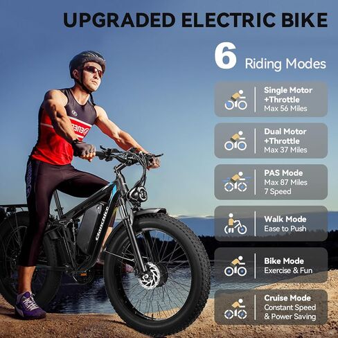 Dual Motor 3000W Peak Electric Bike for Adults Women Men, Electric Bicycle 52V23AH Battery, Up to 37MPH 87 Miles Range, Full Suspension, Hydraulic Disc Brake E-bike with 26*4" Fat Tire for All Terrain in Saudi Arabia