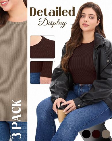 3 Pack Plus Size Thermal Shirts for Women Cotton Long Sleeve Ribbed Slim Fit Tops Crewneck Underwear Base Layer in Saudi Arabia