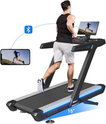 جهاز جري FAGUS Premium مع شاشة عرض، مطحنة تشغيل تلقائية بنسبة 15% مع محرك قوي بقوة 7.0 حصان، سطح عريض 22 بوصة، ممتص للصدمات، اتصال بلوتوث وشحن لاسلكي لمزيد من المرح in Kuwait