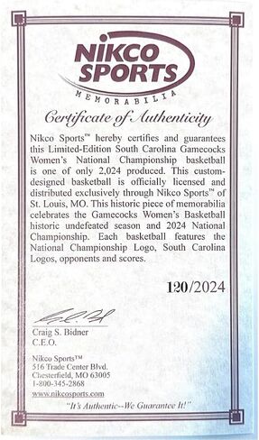 NIKCO SPORTS Gamecocks 2024 الأبطال الوطنيون لكرة السلة | إصدار محدود من 2,024 | هدية تذكارية للمشجعين من بطولة ساوث كارولينا NCAA للسيدات مع شهادة الأصالة in Saudi Arabia