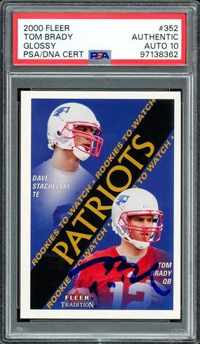 توم برادي موقعة 2000 Fleer Glossy Rookie Card # 352 New England Patriots Auto Grade Gem Mint 10 PSA/DNA #97138362 - بطاقات مبتدئة موقعة من كرة القدم in Saudi Arabia