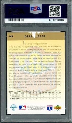 Derek Jeter Autographed 1993 Upper Deck Rookie Card #449 New York Yankees Auto Grade Gem Mint 10 Vintage Signature PSA/DNA #46182886 - Baseball Slabbed Autographed Rookie Cards in Saudi Arabia