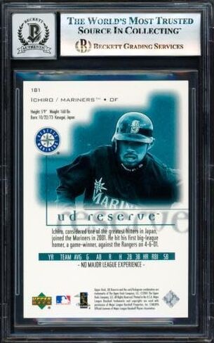 إيشيرو سوزوكي موقعة 2001 UD Reserve Rookie Card # 181 Seattle Mariners Auto Grade Gem Mint 10 Beckett BAS # 17830083 - بطاقات البيسبول المبلطة الموقعة in Saudi Arabia