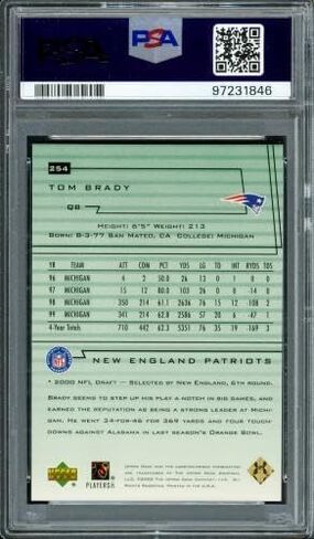 توم برادي موقعة 2000 Upper Deck UD Encore Rookie Card # 254 New England Patriots PSA/DNA #97231846 - بطاقات مبتدئة موقعة من كرة القدم in Saudi Arabia