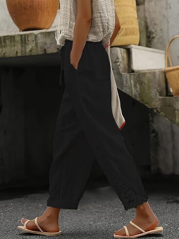 Summer Womens Casual Pants Wide Leg High Waisted Drawstring Loose Beach Pants with Pockets in Saudi Arabia