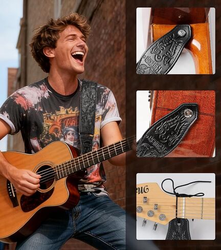 Guitar Strap - Adjustable Woven Cotton Jacquard Strap with PU Leather Ends for Electric, Acoustic and Bass Guitar in Saudi Arabia