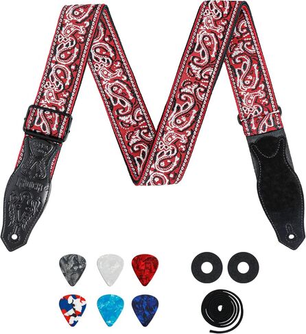 Guitar Strap - Adjustable Woven Cotton Jacquard Strap with PU Leather Ends for Electric, Acoustic and Bass Guitar in Saudi Arabia