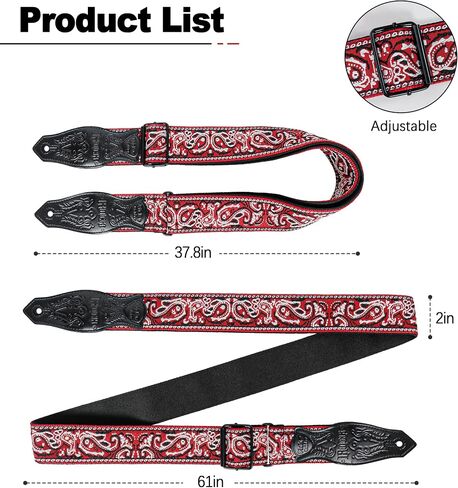 Guitar Strap - Adjustable Woven Cotton Jacquard Strap with PU Leather Ends for Electric, Acoustic and Bass Guitar in Saudi Arabia