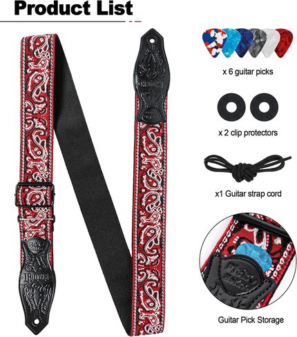 Guitar Strap - Adjustable Woven Cotton Jacquard Strap with PU Leather Ends for Electric, Acoustic and Bass Guitar in Saudi Arabia