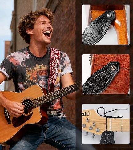 Guitar Strap - Adjustable Woven Cotton Jacquard Strap with PU Leather Ends for Electric, Acoustic and Bass Guitar in Saudi Arabia