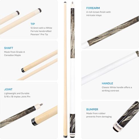 عصا بلياردو من PEARSON Cues PK Series من قطعتين من خشب القيقب مع عمود منخفض الانحراف، طرف احترافي للمفاصل المعقدة، خيارات وزن 18-21 أونصة، جديلة احترافية قابلة للتخصيص in Kuwait
