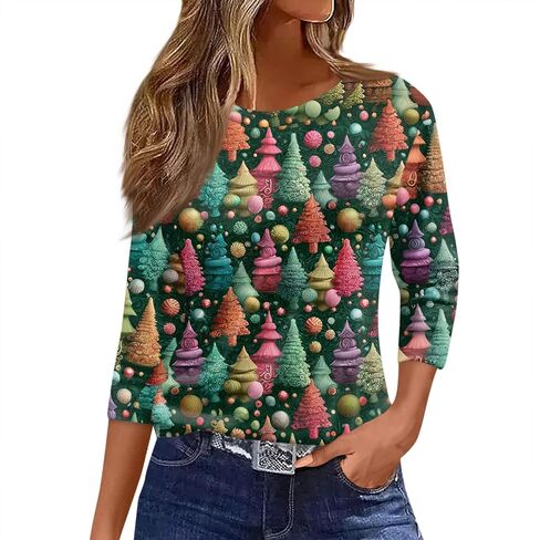 Womens Christmas Shirts 3/4 Length Sleeve Tunic Blouse Comfortable Crew Neck Tops Christmas Printed Casual Pullover in Saudi Arabia