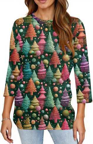 Womens Christmas Shirts 3/4 Length Sleeve Tunic Blouse Comfortable Crew Neck Tops Christmas Printed Casual Pullover in Saudi Arabia