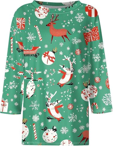 Women Christmas Shirts Tunic 3/4 Length Sleeve Blouse Crew Neck Comfortable Tops Christmas Printed Casual Pullover in Saudi Arabia