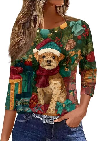 Women Christmas Shirts Crew Neck 3/4 Length Sleeve Tops Tunic Casual Blouse Christmas Printed Comfortable Pullover in Saudi Arabia