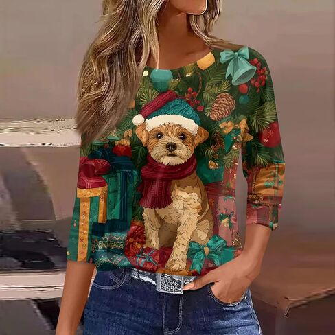 Women Christmas Shirts Crew Neck 3/4 Length Sleeve Tops Tunic Casual Blouse Christmas Printed Comfortable Pullover in Saudi Arabia
