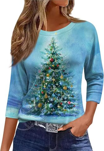 Women Christmas Shirts Comfortable Christmas Printed Blouse Crew Neck Tunic Tops Casual 3/4 Length Sleeve Pullover in Saudi Arabia