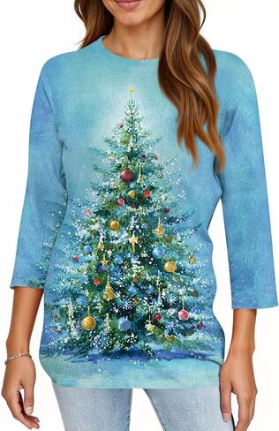 Women Christmas Shirts Comfortable Christmas Printed Blouse Crew Neck Tunic Tops Casual 3/4 Length Sleeve Pullover in Saudi Arabia