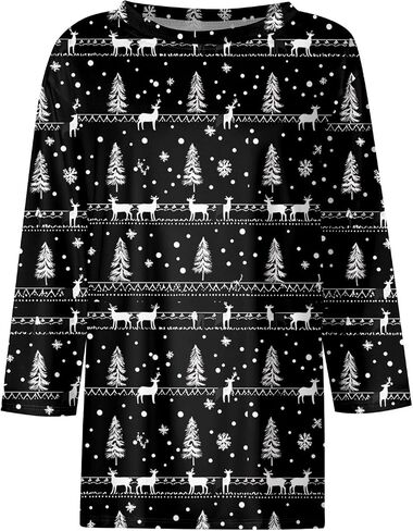 Women Christmas Shirts Crew Neck Tunic Pullover Comfortable Christmas Printed Tops 3/4 Length Sleeve Casual Blouse in Saudi Arabia