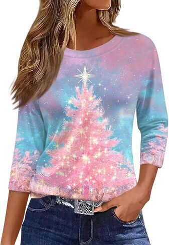 Women's Christmas Shirts Comfortable 3/4 Length Sleeve Pullover Crew Neck Casual Tops Christmas Printed Tunic Blouse in Saudi Arabia