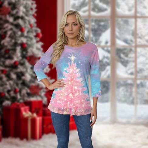 Women's Christmas Shirts Comfortable 3/4 Length Sleeve Pullover Crew Neck Casual Tops Christmas Printed Tunic Blouse in Saudi Arabia