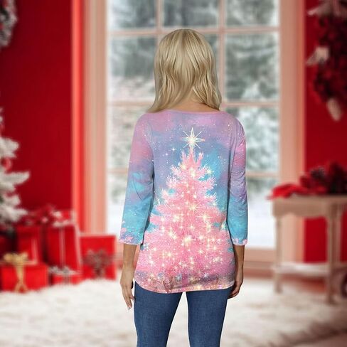 Women's Christmas Shirts Comfortable 3/4 Length Sleeve Pullover Crew Neck Casual Tops Christmas Printed Tunic Blouse in Saudi Arabia