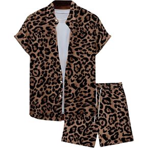 Men's 2 Piece Leopard Print Outfits Cheetah Button Down Shirts and Drawstring Shorts Set Vacation Outfits in Saudi Arabia