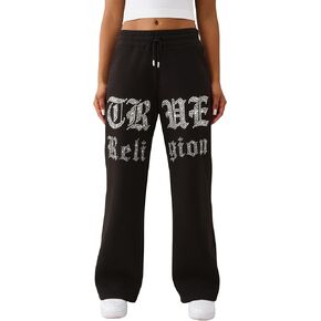 True Religion Women’s Crystal Wide Leg Sweatpants – Soft Cotton Blend, Flared Hem, Crystal Logo in Saudi Arabia