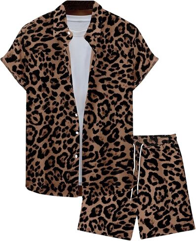 Men's 2 Piece Leopard Print Outfits Cheetah Button Down Shirts and Drawstring Shorts Set Vacation Outfits in Saudi Arabia