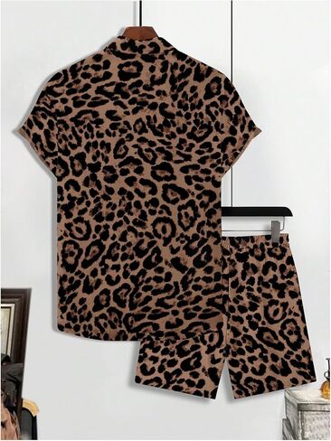 Men's 2 Piece Leopard Print Outfits Cheetah Button Down Shirts and Drawstring Shorts Set Vacation Outfits in Saudi Arabia