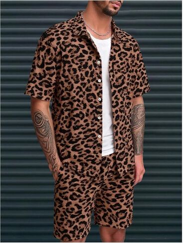 Men's 2 Piece Leopard Print Outfits Cheetah Button Down Shirts and Drawstring Shorts Set Vacation Outfits in Saudi Arabia