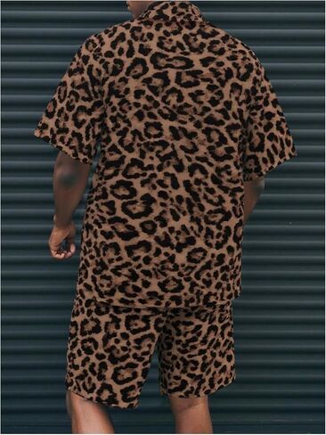 Men's 2 Piece Leopard Print Outfits Cheetah Button Down Shirts and Drawstring Shorts Set Vacation Outfits in Saudi Arabia