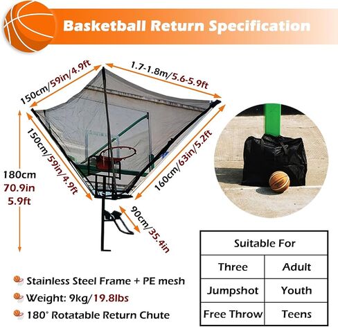 Foldable Basketball Hoop with Metal Ball Return, 180° Rotating Shot Trainer for Teens & Adults, Basketball Rebounder Net for Home Gym & Yard Training Efficiency in Saudi Arabia
