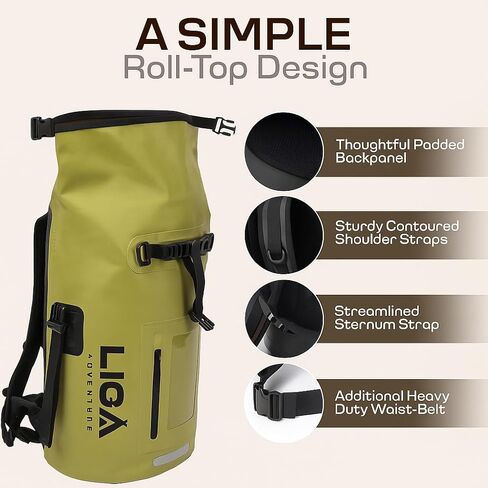 LIGA Waterproof Duffel Bag – 30L – Heavy Duty Roll-Top Closure – Fully Waterproof – Cushioned Comfort – Dry Bag for Hiking, Kayak, Travel, Biking, Camping, Fishing (Yellow) in Saudi Arabia