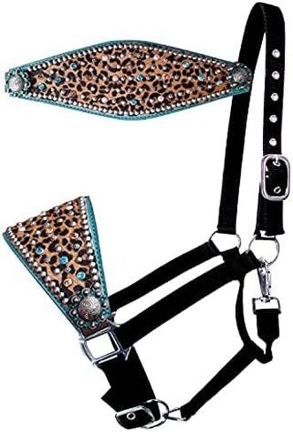 Showman Nylon Bronc Halter w/Hair-On Cheetah Print & Teal Leather Noseband, Cheetah/Teal, Average Full Size Horse in Saudi Arabia