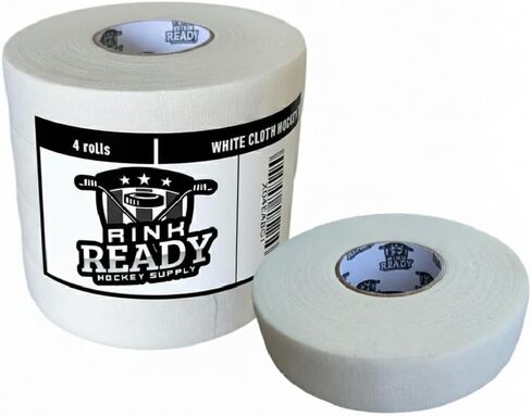 شريط الهوكي Rink Ready، 4 عبوات، لفة كبيرة 25 مترًا، شريط لاصق ومقبض، شريط قماشي لهوكي الجليد، لاصق قوي، سهل التمزيق (شريط أبيض) in Saudi Arabia