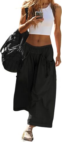 Women's Baggy Wide Leg Pants with Drawstring Pockets Elastic Waist Cozy Capri Hiking Pants Casual Fashion 2025 in Kuwait