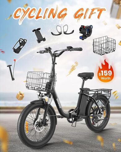 Electric Bike, 1000W Peak Folding Electric Bike, 486Wh 70 Miles Range Ebike, 20" Step-Thru Bicycle with Front Basket, Waterproof Removable Battery, 7 Speed, 25 MPH Max in Kuwait