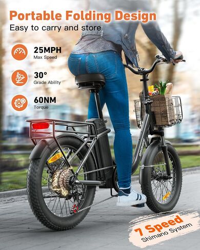Electric Bike, 1000W Peak Folding Electric Bike, 486Wh 70 Miles Range Ebike, 20" Step-Thru Bicycle with Front Basket, Waterproof Removable Battery, 7 Speed, 25 MPH Max in Kuwait