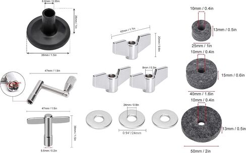 WALFRONT 32Pcs Drum Cymbal Felt Set Cymbal Stand Felt Kit with 2.5cm 4cm 5cm Pads Wing Nuts Washers Sleeves Z T Wrench (Gray) in Saudi Arabia