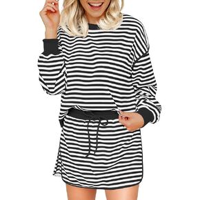 Fisoew إمرأة مخطط 2 قطعة وتتسابق Crewneck تجريب مجموعات عالية الخصر Skort مجموعة طويلة الأكمام مطابقة مجموعات النساء الملابس in Saudi Arabia
