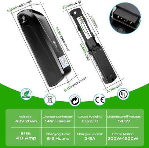 Ebike Battery,Scooter Lithium Battery Pack for 200W-2000W Electric Bike and Other Motor, Safe Lock, Led Indicator Light, with Base and Charger (48V20Ah(with Charger)) in Saudi Arabia