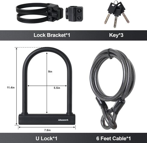 قفل الدراجة، قفل U للدراجة شديد التحمل مضاد للسرقة، كابل أمان بطول 18 مم بطول 6 أقدام مع دعامة تثبيت قوية و3 مفاتيح للدراجة الإلكترونية والدراجة النارية والسكوتر الكهربائي in Kuwait