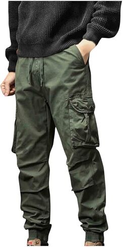 Men's Cotton Blend Cargo Joggers, Casual Ribbed Cuffs Joggers Elastic Waist Athletic Pants with Multi-Pockets in Saudi Arabia