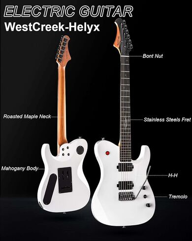جيتار كهربائي WestCreek Helyx، جسم الماهوجني، قطع من الفولاذ المقاوم للصدأ، رقبة خشب القيقب المحمص، لوح فريتس من خشب الورد، صامولة على شكل عظمة، 24 قطعة (أبيض) in Saudi Arabia