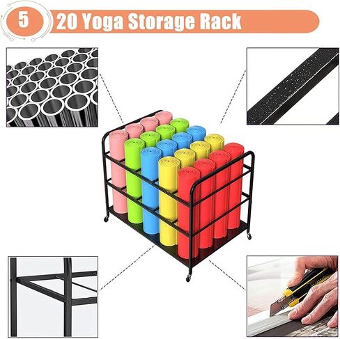 Large Yoga Mat Storage Cart with Wheels, Floor Metal Yoga Mat Holder Basket, Gym Foam Rollers Organizer, for Gym/Yoga Studio Hold 20 Exercise Mats in Saudi Arabia