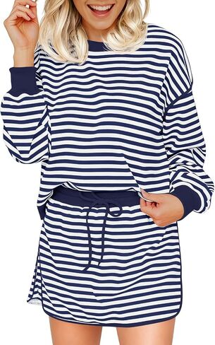 Fisoew Womens Striped 2 Piece Outfits Crewneck Workout Sets High Waist Skort Set Long Sleeve Matching Sets Women Clothing in Kuwait